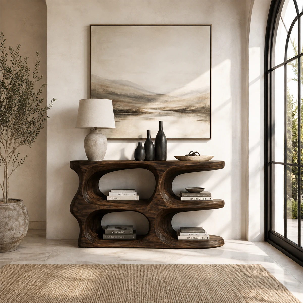Luxury foyer table with rounded storage openings and broad surface for decor display