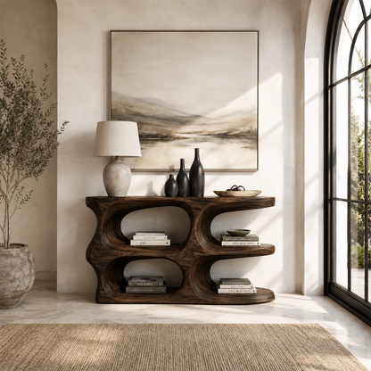 Luxury foyer table with rounded storage openings and broad surface for decor display