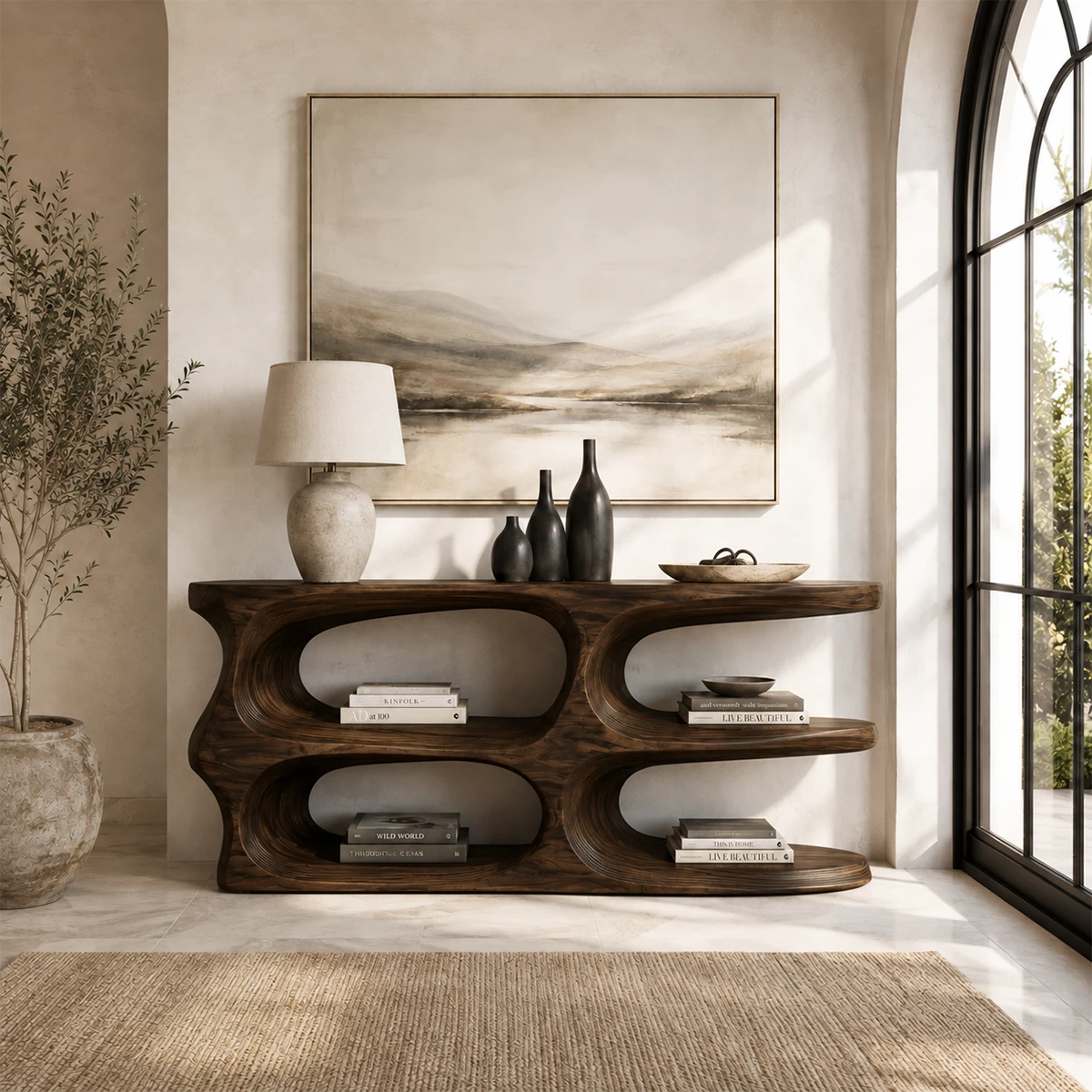 Wood tone console table with sculptural shelves and an organic architectural profile