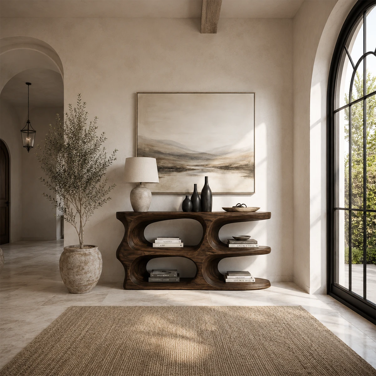 Organic modern console table featuring rounded shelves and flowing sculpted supports