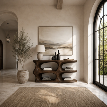 Organic modern console table featuring rounded shelves and flowing sculpted supports