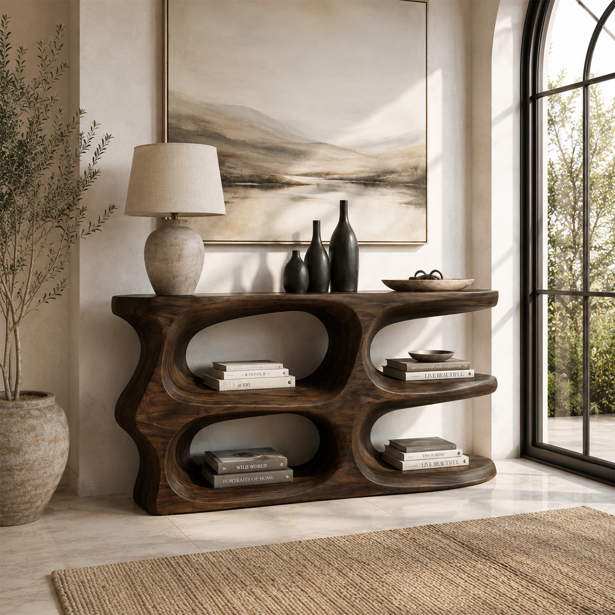 Entryway console table with open storage compartments and a bold curved silhouette