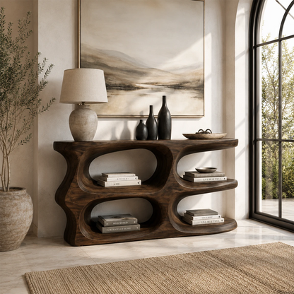 Entryway console table with open storage compartments and a bold curved silhouette