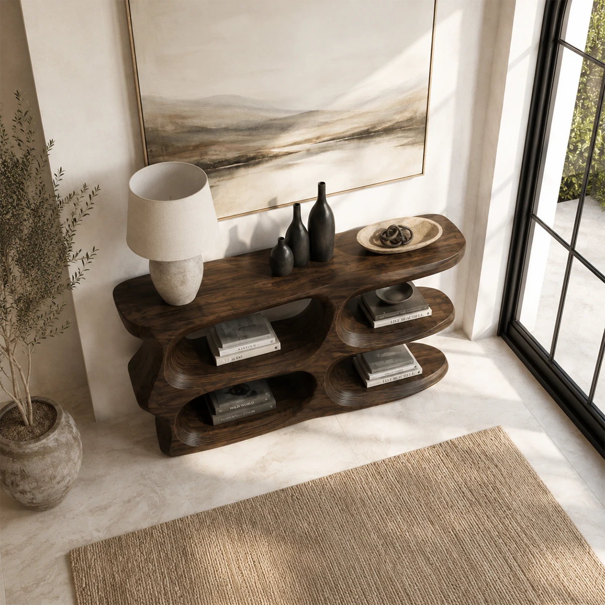 Narrow console table with four display niches for books decor and everyday storage