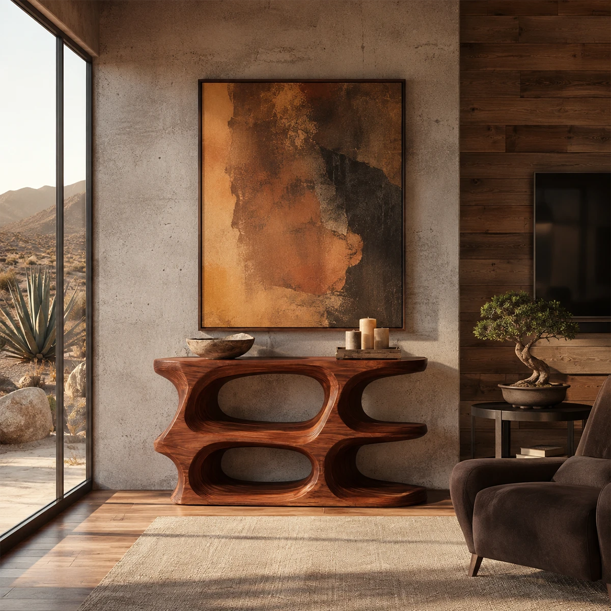 Artistic sofa table with rounded openings and visible grain in a calm modern interior