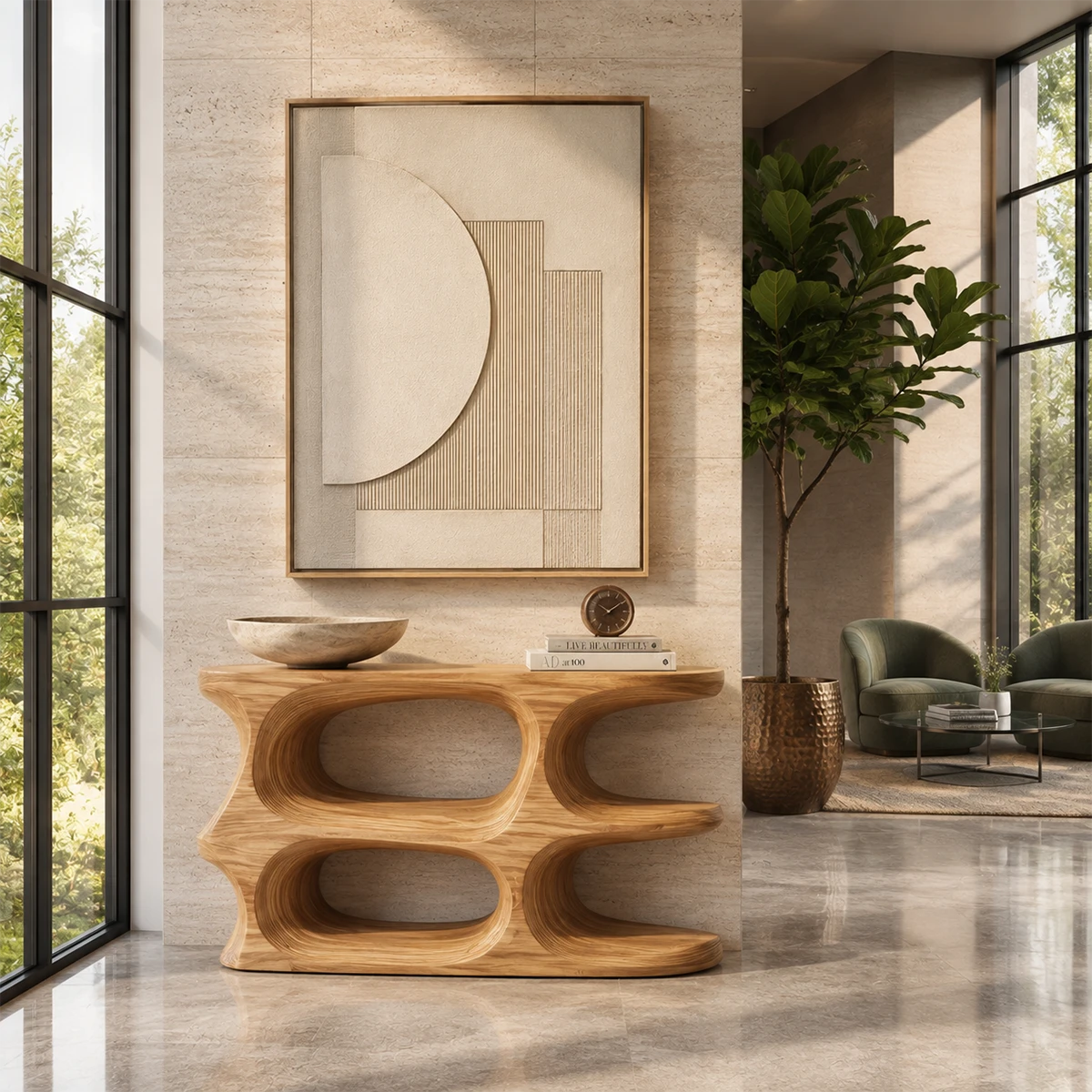 Modern accent console with sculpted shelves and open storage for refined home styling