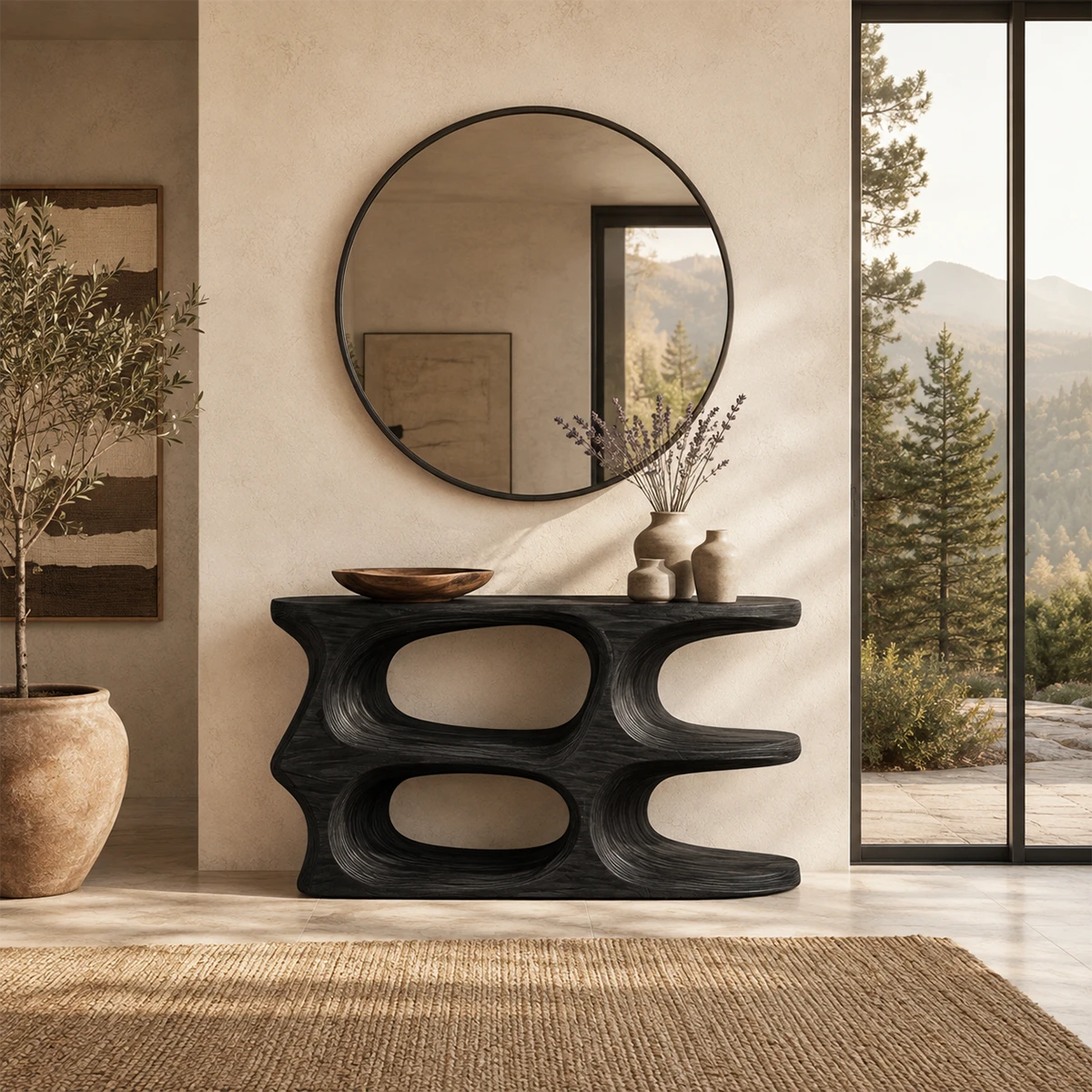 Curved console table displayed beneath wall art in a bright luxury living room setting