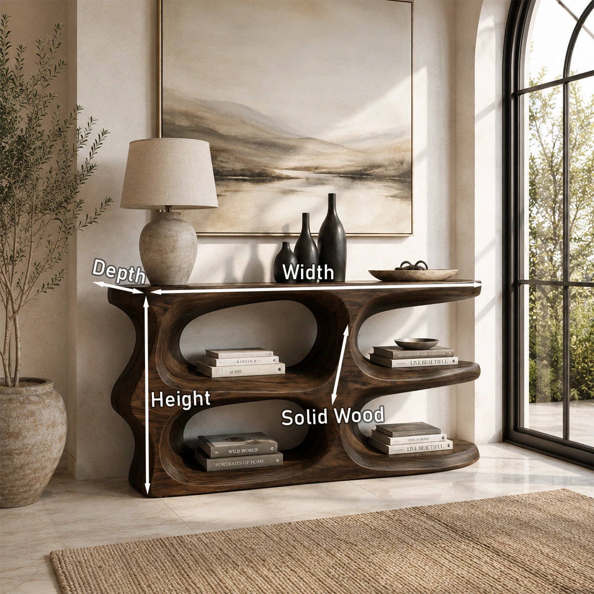 Statement console table blends organic form with spacious shelves and a warm finish
