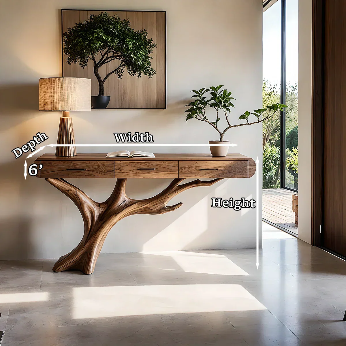 Stylish sideboard console with organic branch base and multiple drawers for interiors
