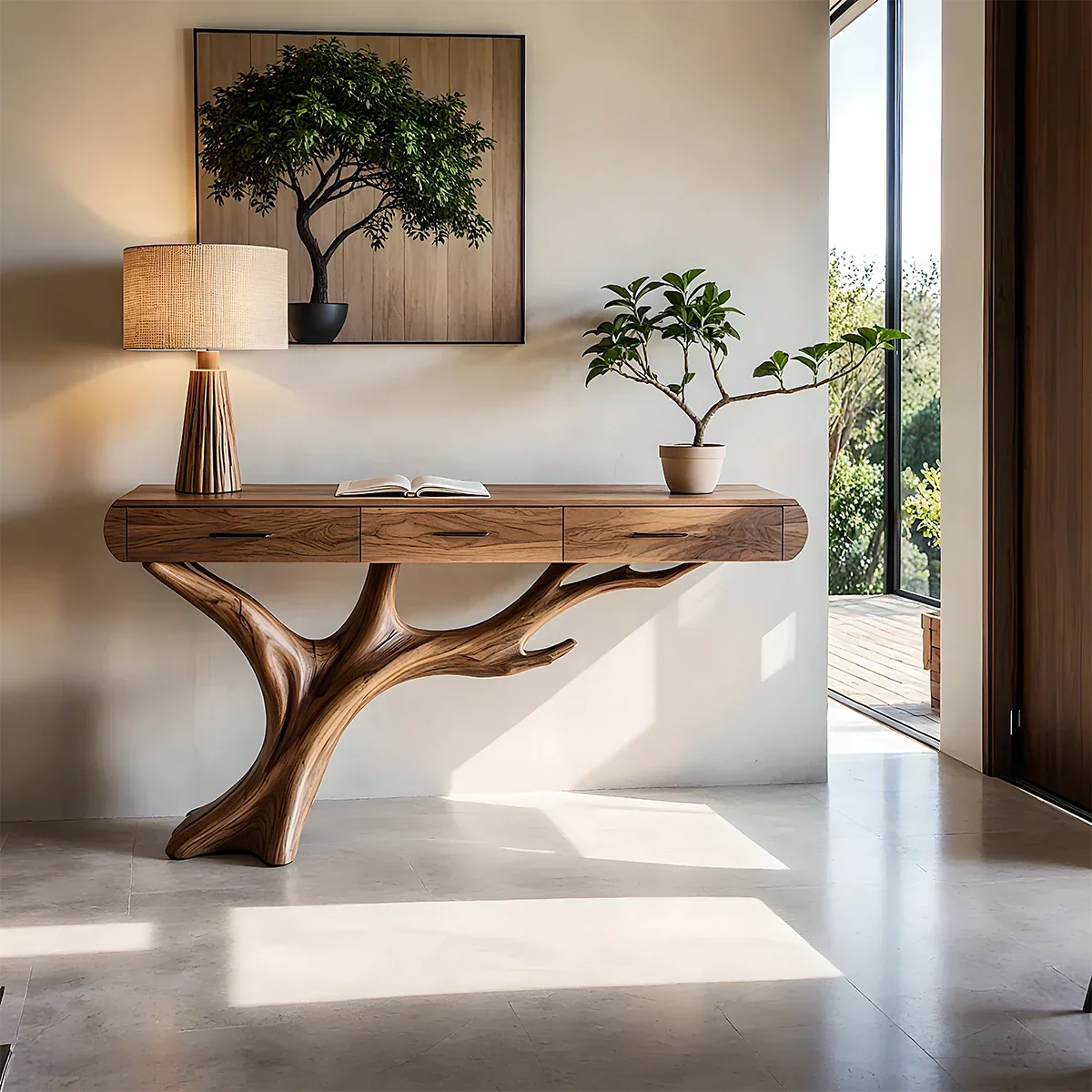 Natural Wood Entryway Console Table with Drawers and Sculptural Tree Base
