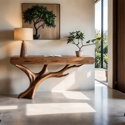 Natural Wood Entryway Console Table with Drawers and Sculptural Tree Base