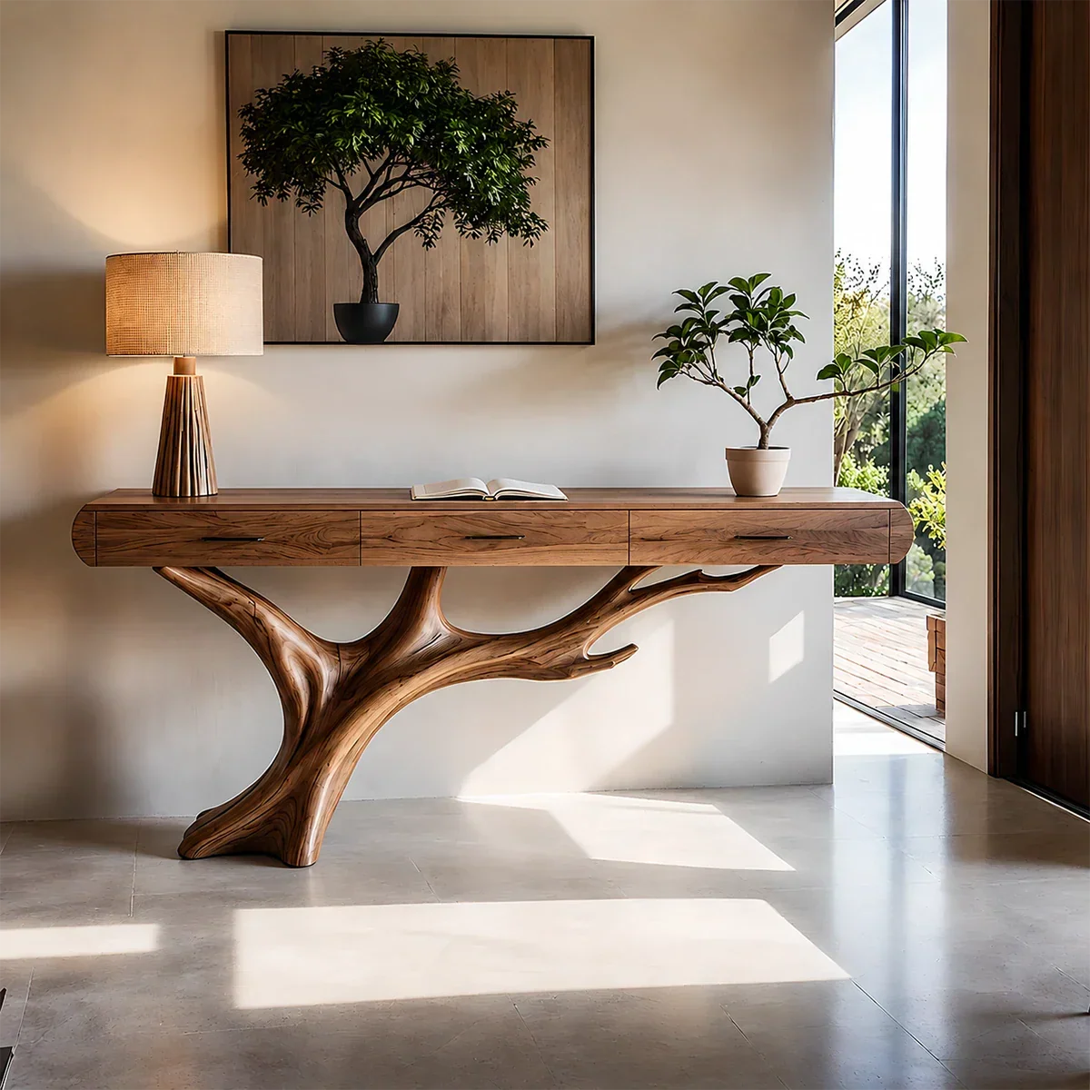 Natural Wood Entryway Console Table with Drawers and Sculptural Tree Base