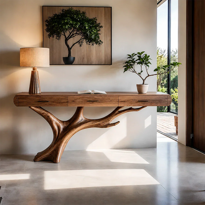 Natural Wood Entryway Console Table with Drawers and Sculptural Tree Base