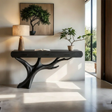 Unique hallway console featuring sculpted base and integrated drawers for modern spaces