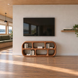 Clean lined TV cabinet in natural solid wood with open compartments and soft curves