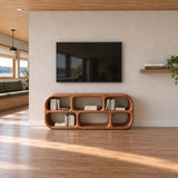 Architectural media cabinet in natural solid wood with rounded geometry and shelving