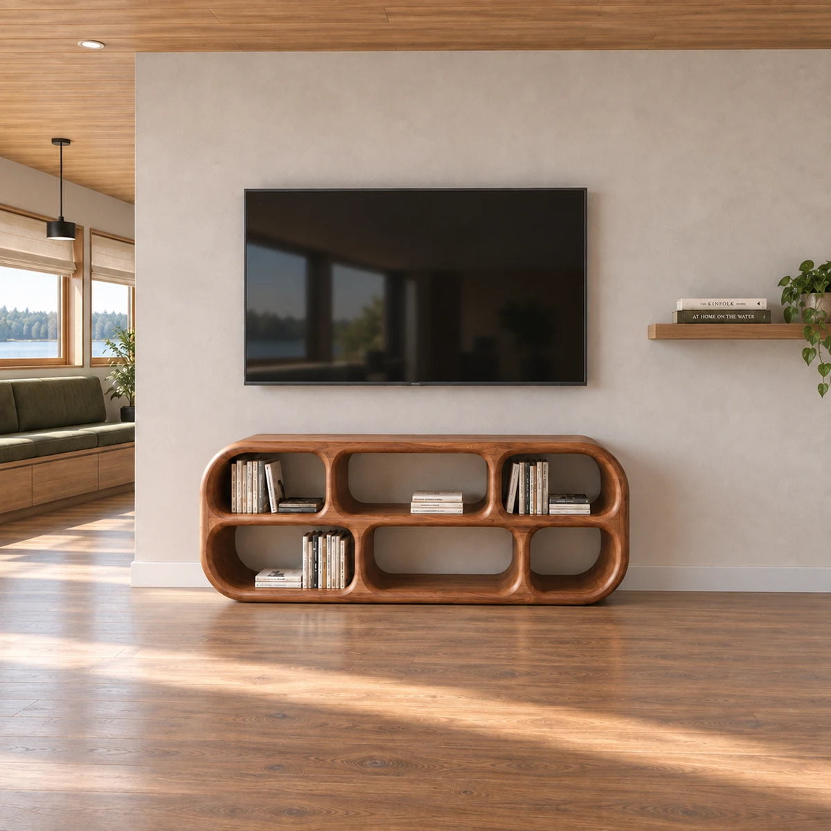 Long entertainment unit in natural solid wood with sculptural cubbies and open space