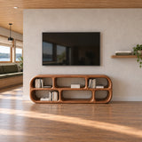 Modern TV bench in natural solid wood with curved edges and roomy shelf storage area