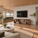 Modern media console in natural solid wood with open shelving and curved corners