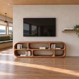 Low profile TV stand in natural solid wood with organic cubbies and clean line design