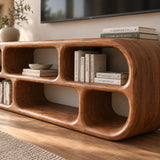 Rounded entertainment center in natural solid wood with open niches and soft edges