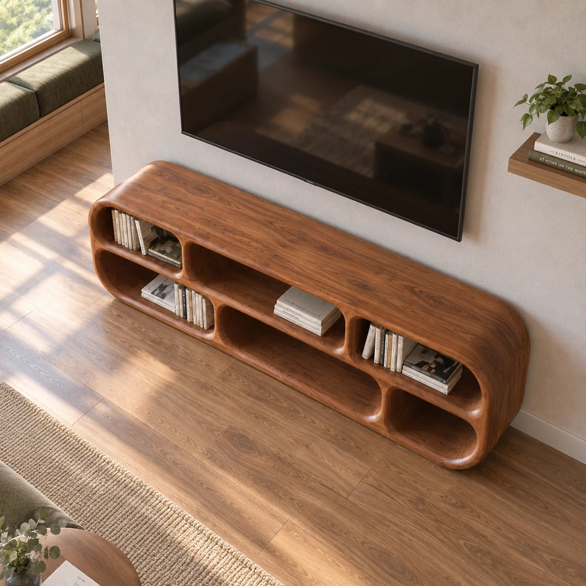 Contemporary TV console in natural solid wood with rounded storage openings below