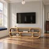 Streamlined television stand in natural solid wood with shelf space and rounded ends