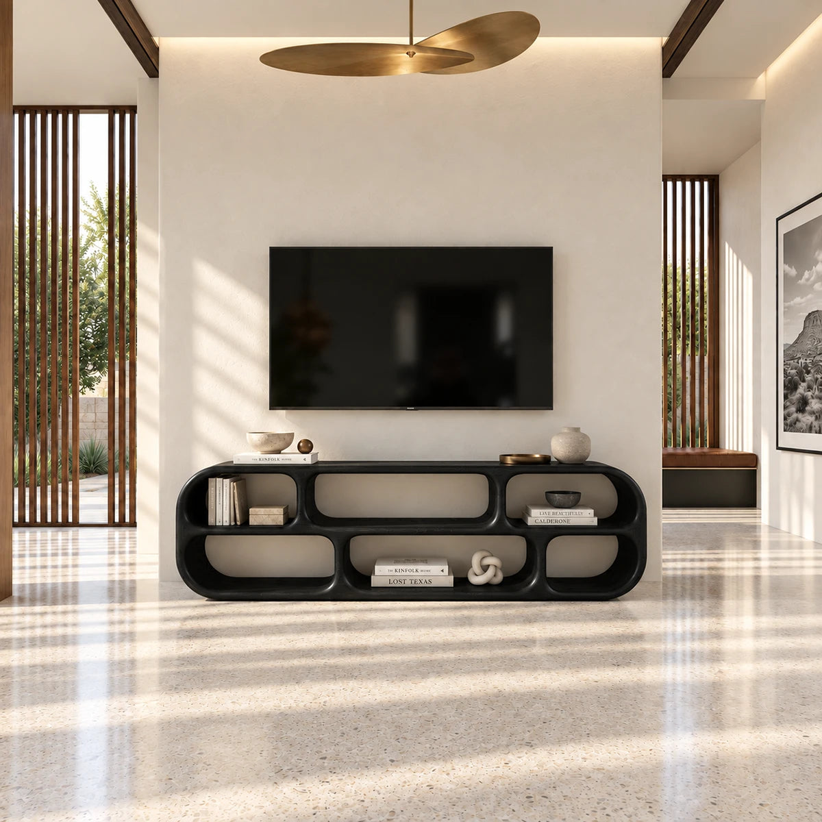 Elegant living room TV stand in natural solid wood with smooth open compartments