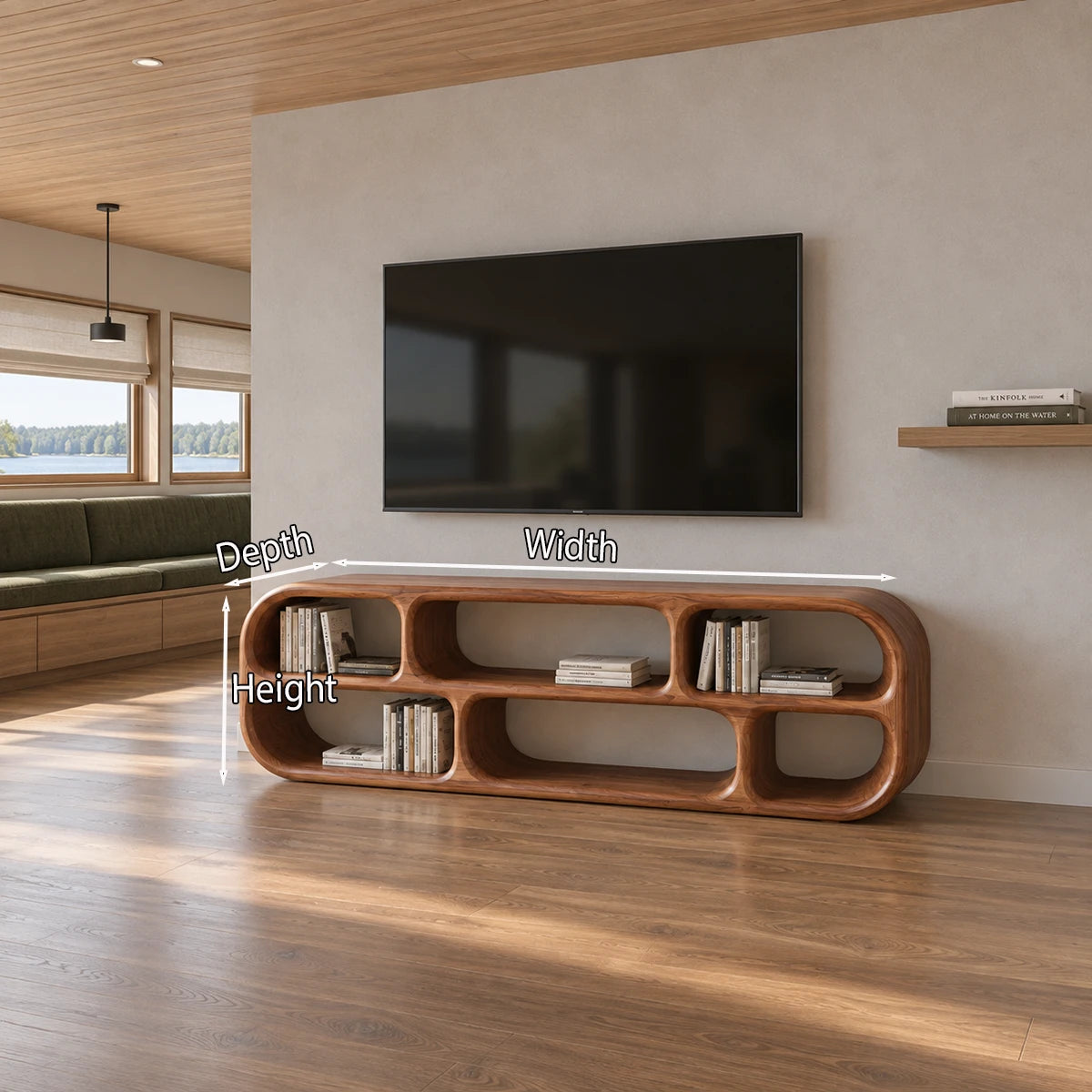 Refined low media console in natural solid wood with curved cubbies and shelves inside
