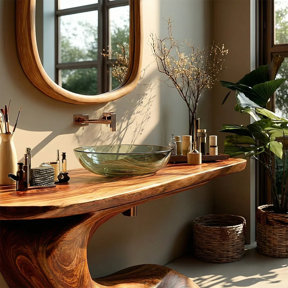 Organic Curve Bathroom Vanity Natural Solid Wood Sculptural Base - ArborisWood - 3