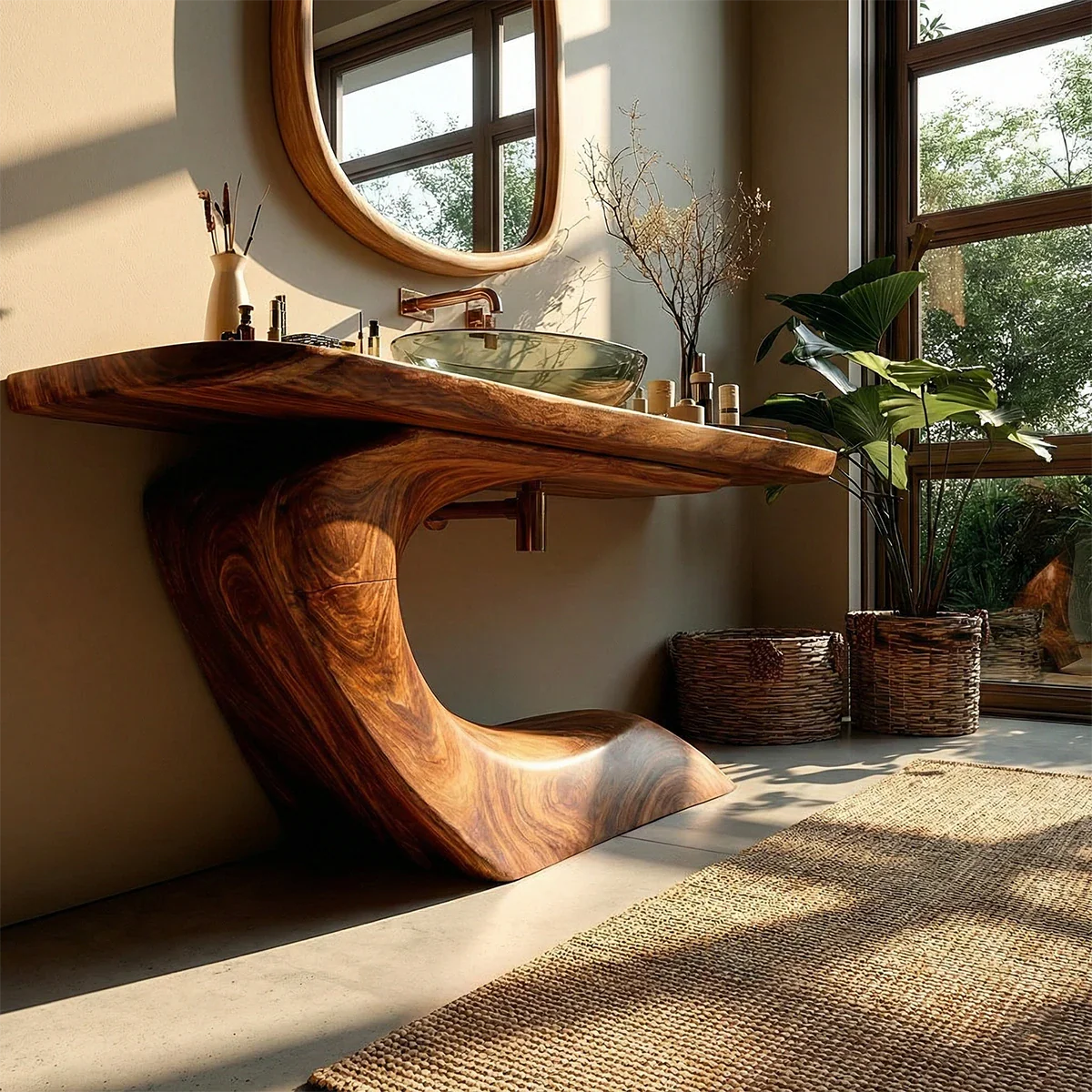 Organic Curve Bathroom Vanity Natural Solid Wood Sculptural Base - ArborisWood - 4