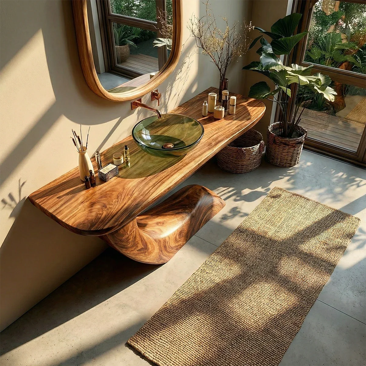 Organic Curve Bathroom Vanity Natural Solid Wood Sculptural Base - ArborisWood - 5