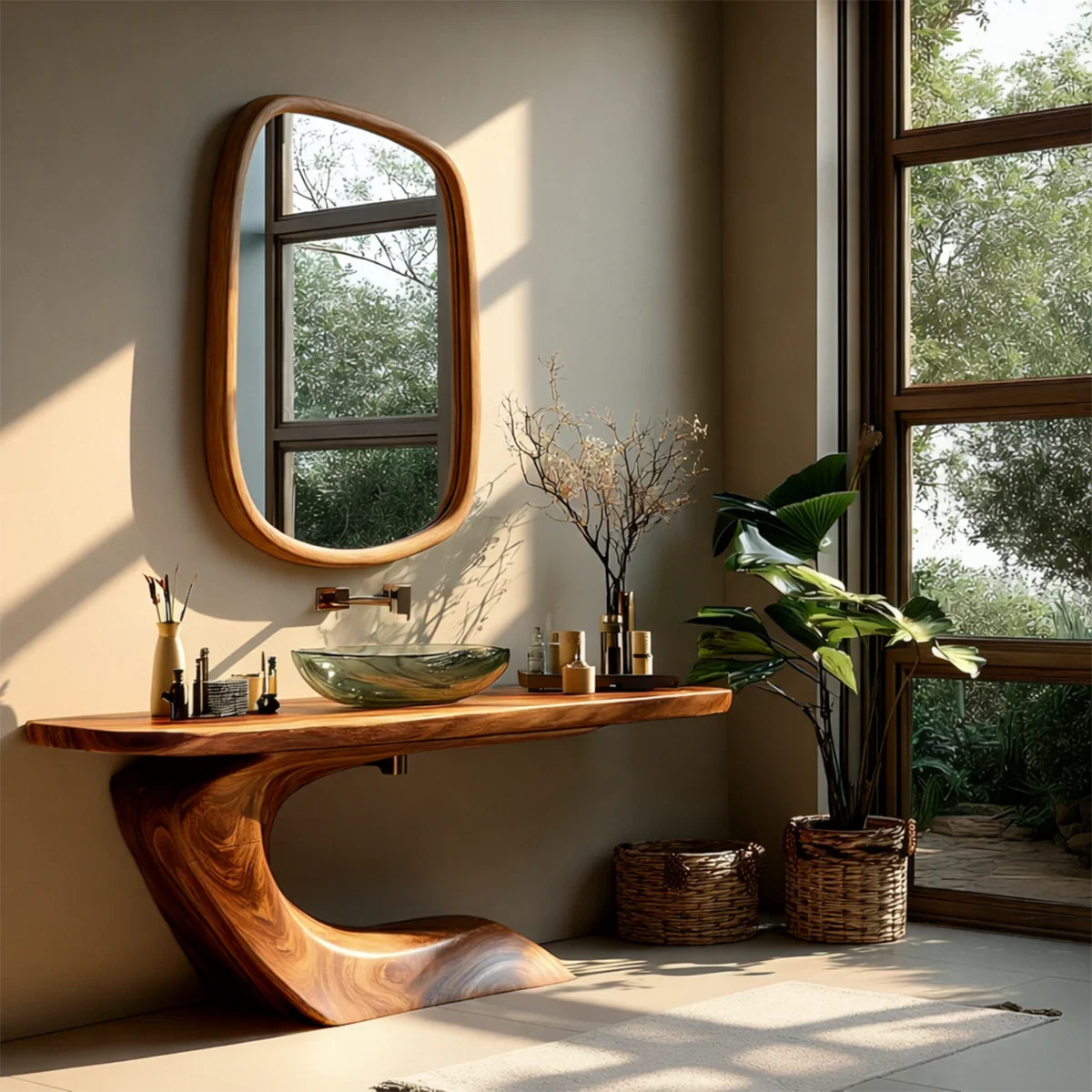 Organic Curve Bathroom Vanity Natural Solid Wood Sculptural Base - ArborisWood