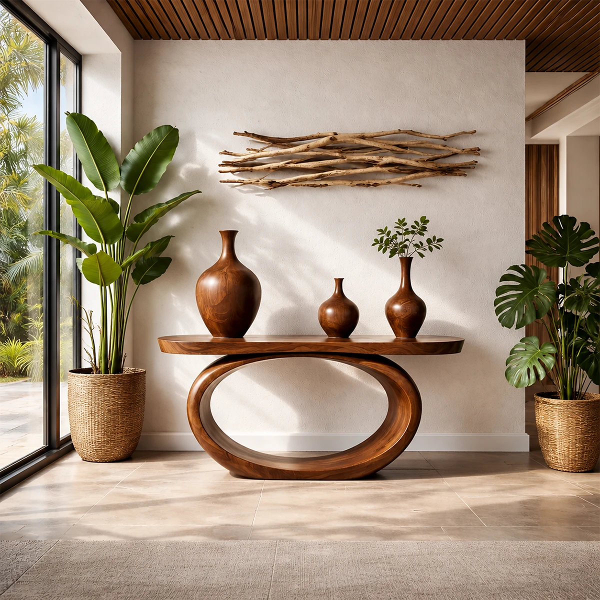 Organic Curve Console Table Natural Solid Wood Entryway Oval Ring Base - ArborisWood - 15
