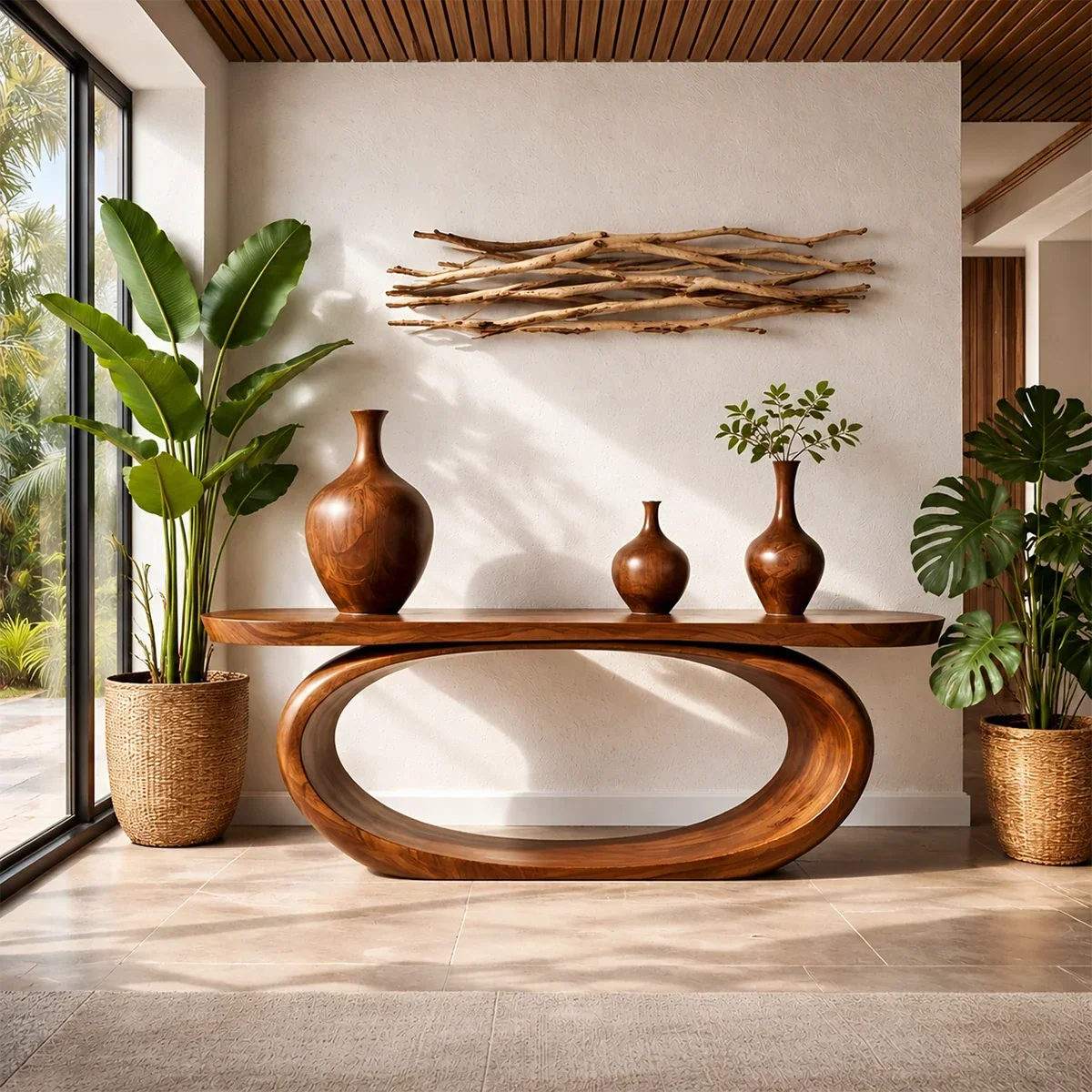 Organic Curve Console Table Natural Solid Wood Entryway Oval Ring Base - Arboriswood - 16