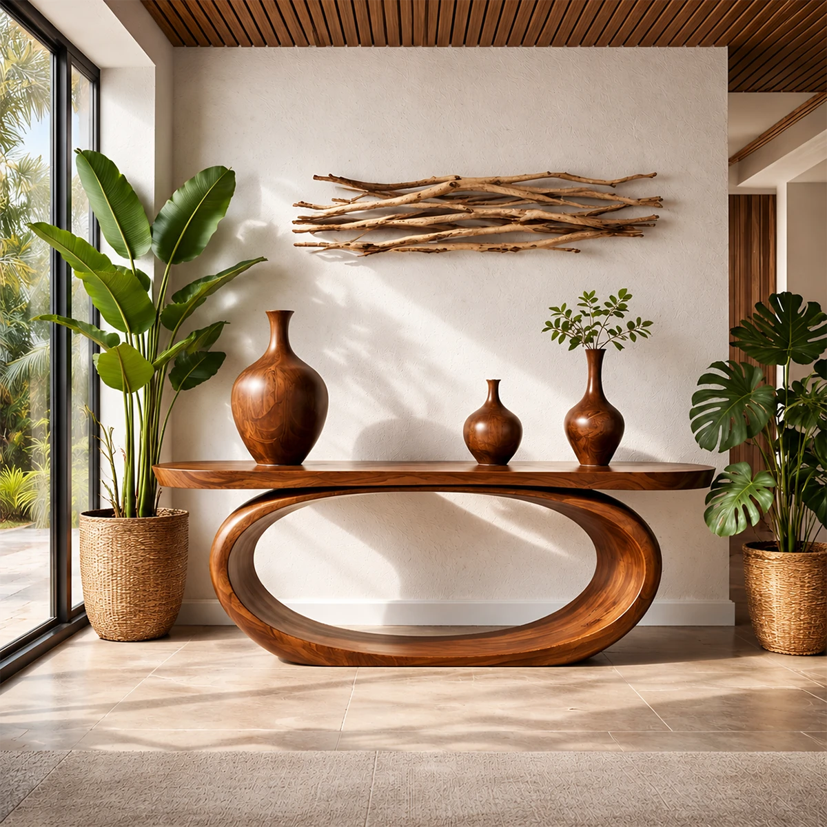 Organic Curve Console Table Natural Solid Wood Entryway Oval Ring Base - ArborisWood - 16