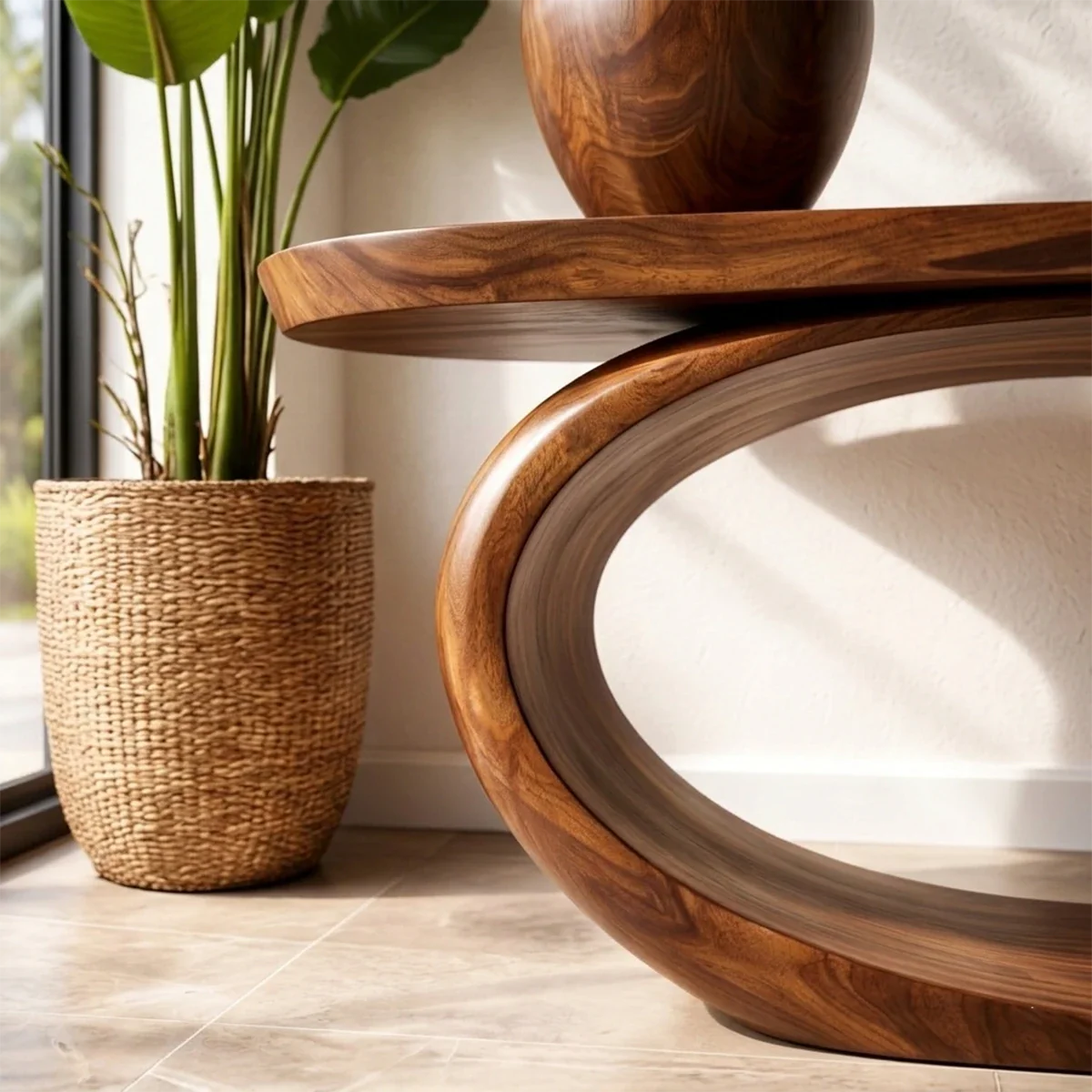 Organic Curve Console Table Natural Solid Wood Entryway Oval Ring Base - ArborisWood - 5