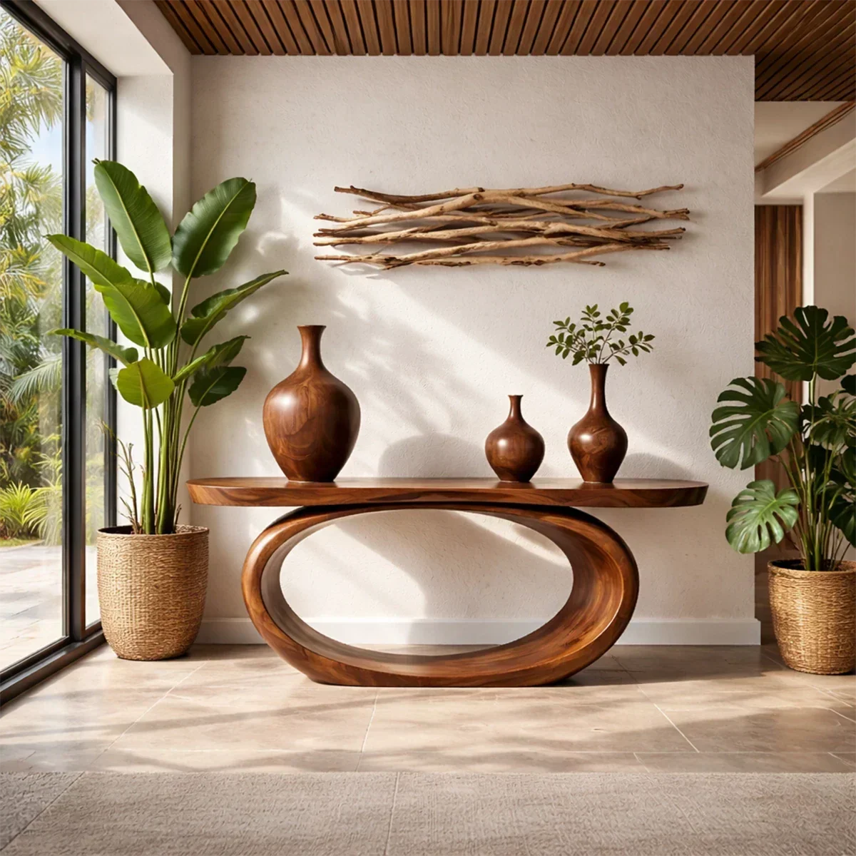 Organic Curve Console Table Natural Solid Wood Entryway Oval Ring Base - Arboriswood
