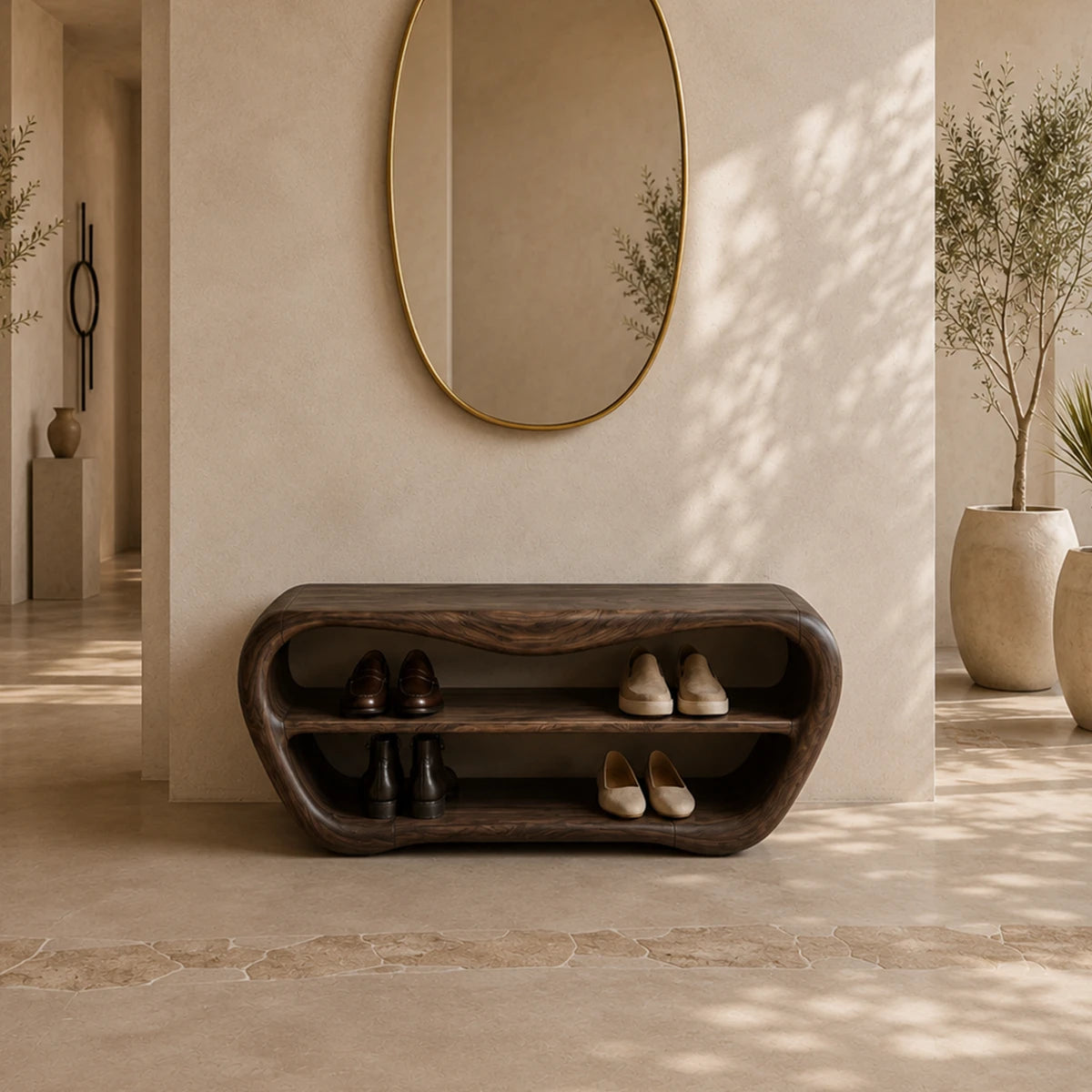Sculptural entryway bench with curved shoe storage and a rich dark wood tone finish
