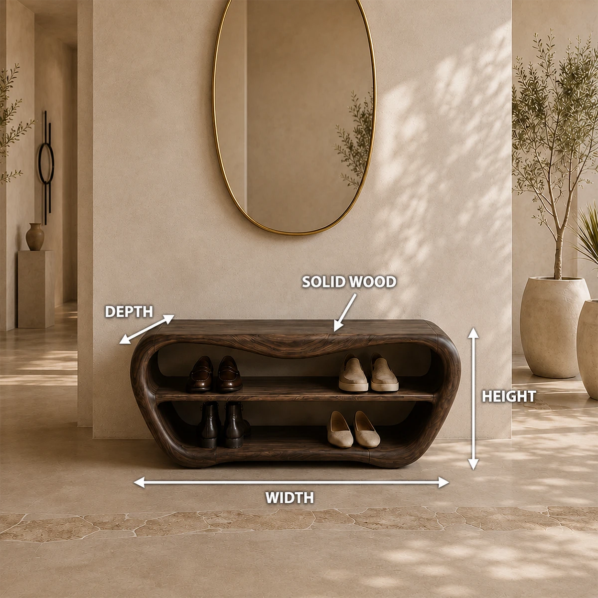A curved dark wood shoe bench with two open shelves is shown in a styled interior entryway. White measurement arrows and labels indicate width, depth, and height, with text reading SOLID WOOD.