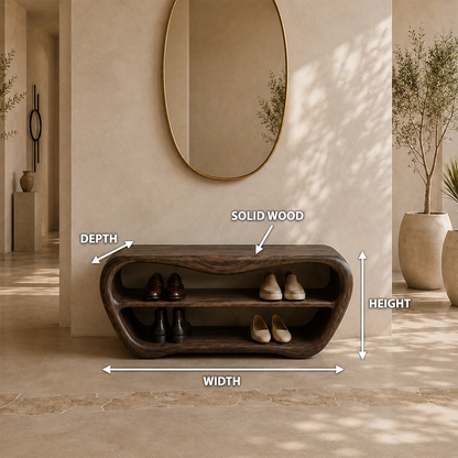 A curved dark wood shoe bench with two open shelves is shown in a styled interior entryway. White measurement arrows and labels indicate width, depth, and height, with text reading SOLID WOOD.