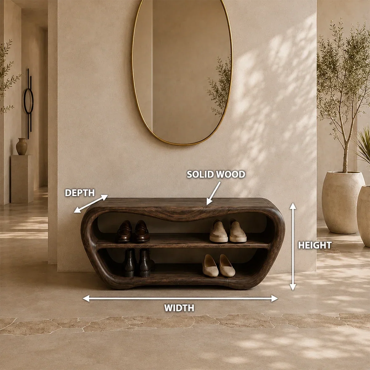 A curved dark wood shoe bench with two open shelves is shown in a styled interior entryway. White measurement arrows and labels indicate width, depth, and height, with text reading SOLID WOOD.