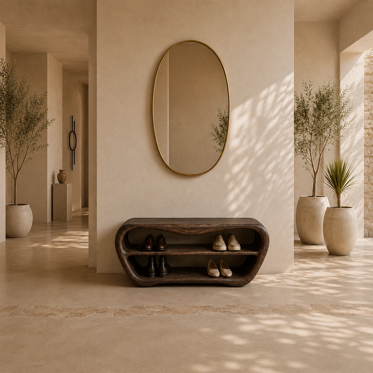 Modern shoe storage bench with rounded edges for a calm and elegant foyer interior