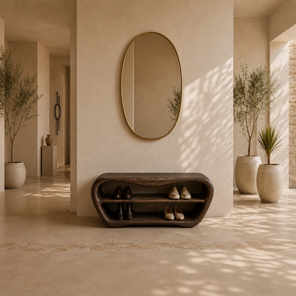 Modern shoe storage bench with rounded edges for a calm and elegant foyer interior