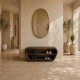 Modern shoe storage bench with rounded edges for a calm and elegant foyer interior