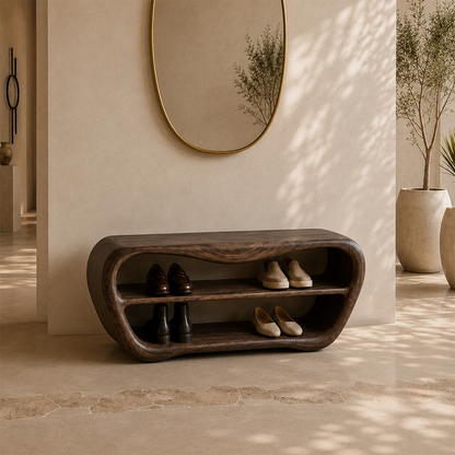 Organic bench with open shelves provides stylish seating and practical shoe organization
