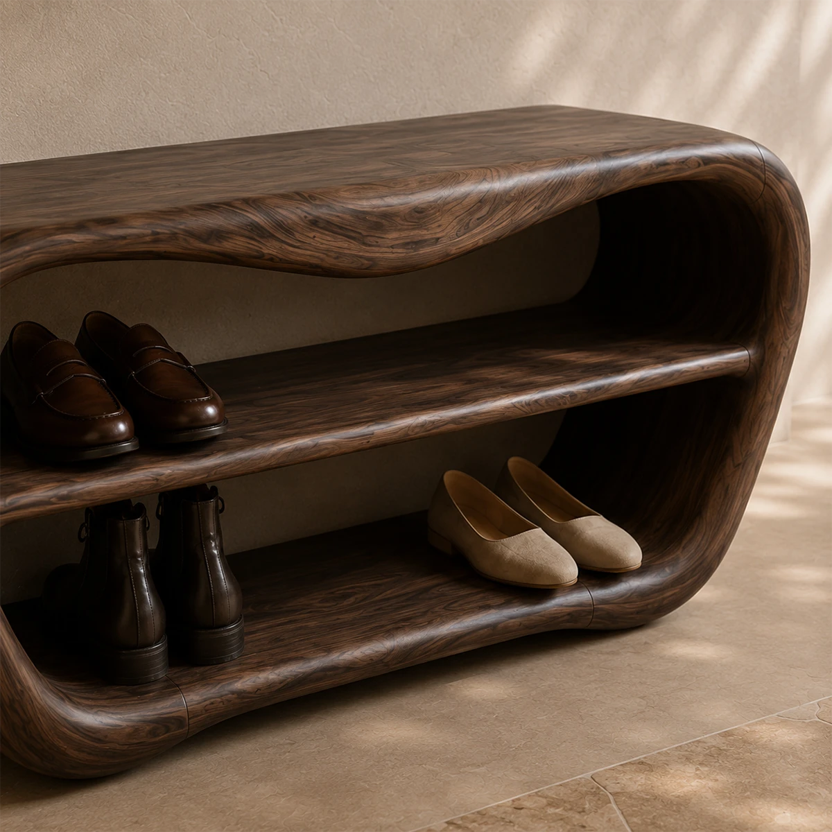 Designer hallway bench featuring flowing contours and two spacious footwear shelves