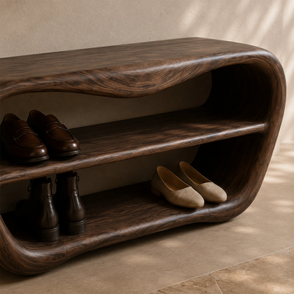 Designer hallway bench featuring flowing contours and two spacious footwear shelves