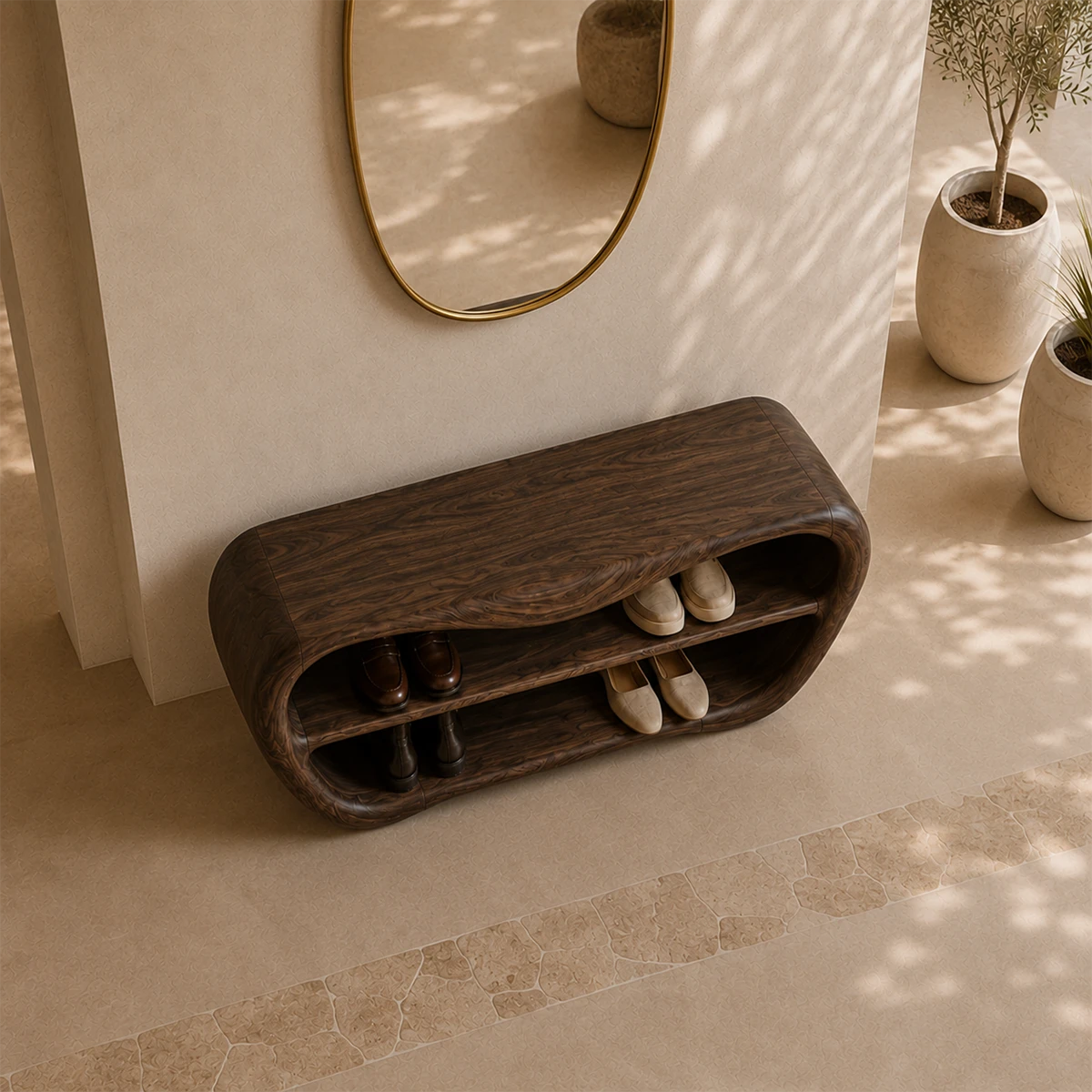 Minimalist entry bench with sculpted form placed beneath an oval mirror in soft sunlight