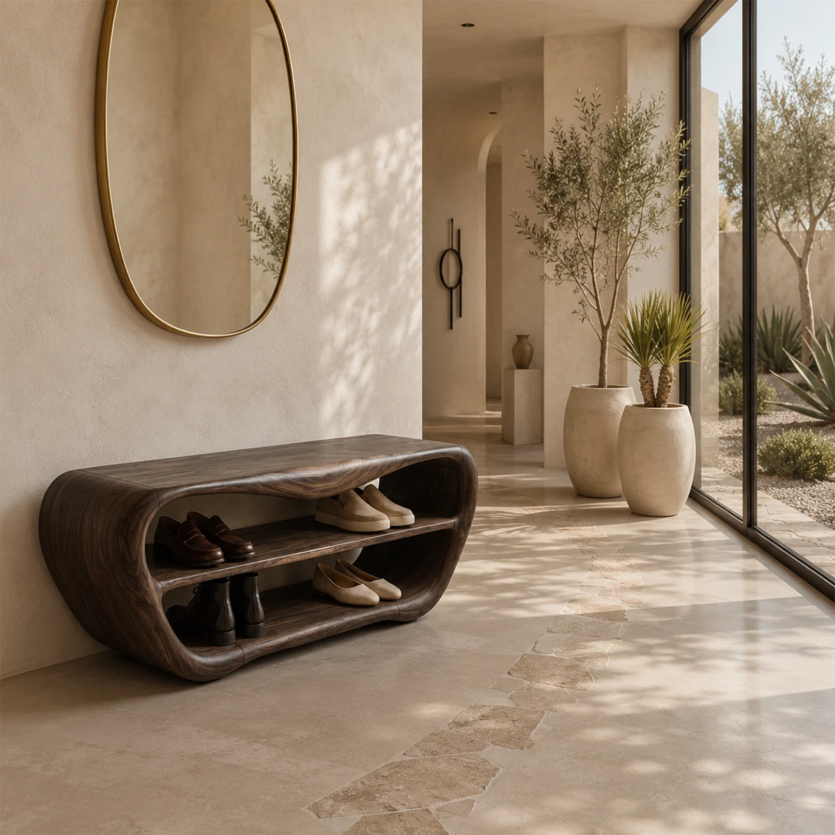 Artistic shoe bench combines smooth curves, visible grain, and functional open storage